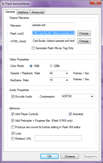 Cam Studio конвертация видео AVI в SWF